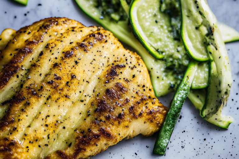 Air Fryer Garlic Herb Chicken Breast with Oven-Baked Parmesan Zucchini, studio lighting, zoomed in to fill frame, manually focused on a plump, juicy chicken breast for maximum detail