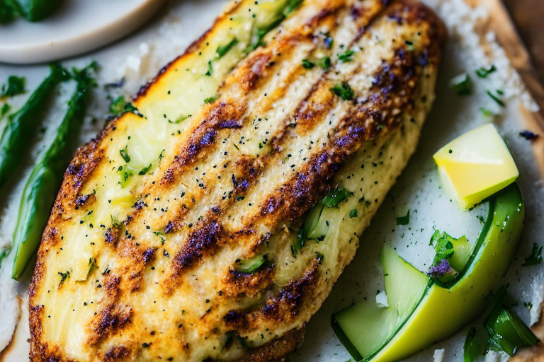 Air Fryer Garlic Herb Chicken Breast with Oven-Baked Parmesan Zucchini, bright clear lighting, filling the frame, every part of the food in perfect focus including a plump, juicy chicken breast