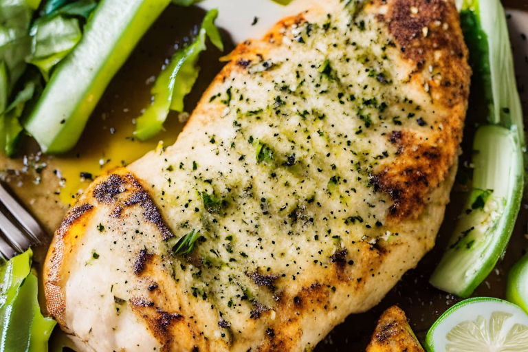 Air Fryer Garlic Herb Chicken Breast with Oven-Baked Parmesan Zucchini, bright studio lighting, razor-sharp focus on the plump, juicy chicken breast and zucchini