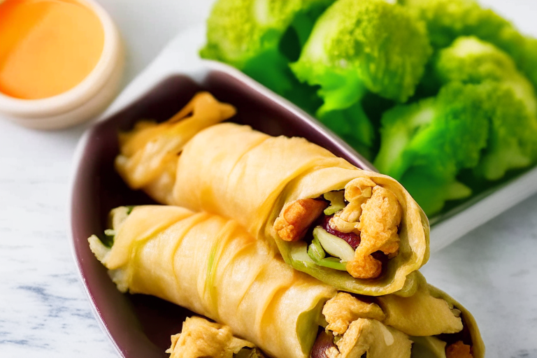 Air Fryer Chicken and Broccoli Stir-Fry with Oven-Baked Vegetable Spring Rolls, shot with bright, clear studio lighting and razor-sharp focus on the stir-fry ingredients and sauce, minimizing distractions