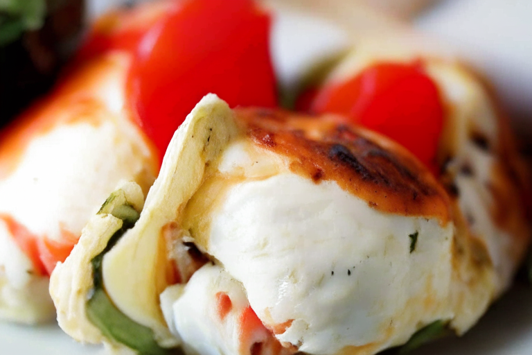 Caprese Stuffed Chicken Breasts...focused on the stuffed chicken filling the frame...