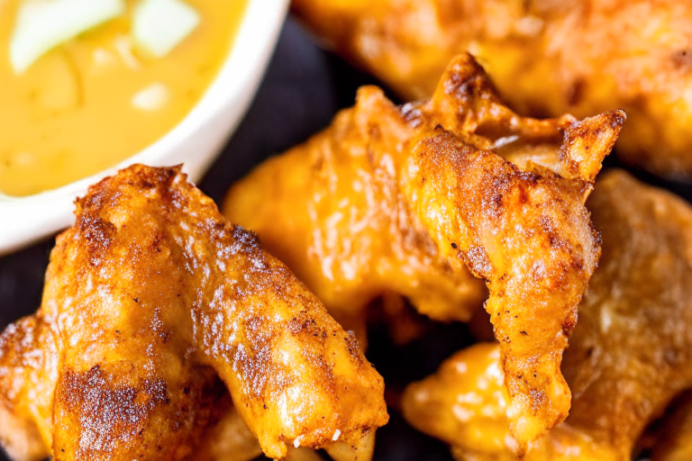 Air Fryer Honey Mustard Chicken Wings... razor-sharp focus on the crispy chicken skin...