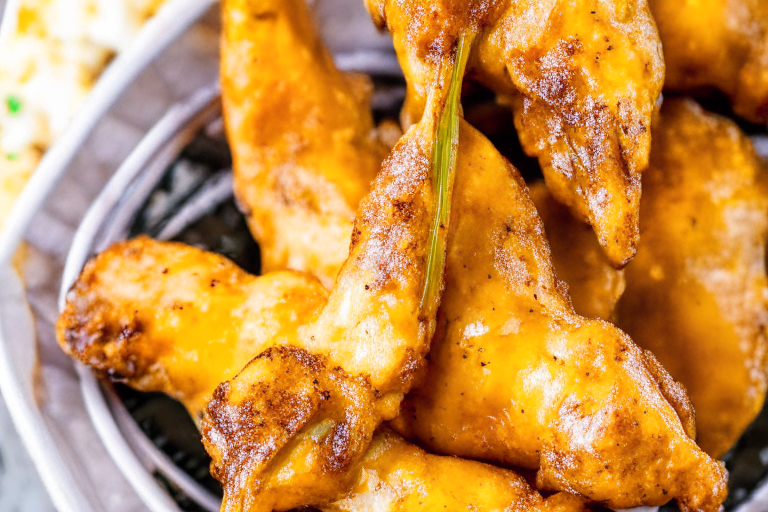 Air Fryer Honey Mustard Chicken Wings focused on...perfect focus on the honey mustard sauce...