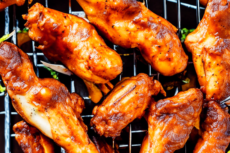 Air Fryer Honey Mustard Chicken Wings...shot from above with razor-sharp focus on the BBQ baked beans...