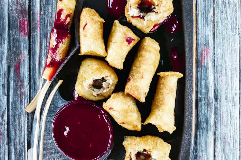 Crispy Air Fryer Turkey Spring Rolls...shot from above with the spring rolls and cranberry sauce filling the frame...