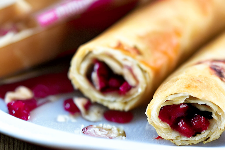 Crispy Air Fryer Turkey Spring Rolls focused on... razor-sharp focus on the sauce and glistening cranberries