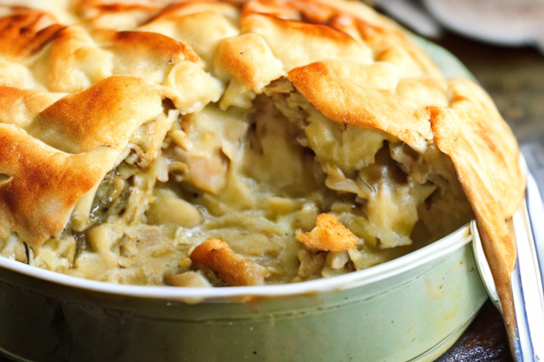 Oven-Baked Turkey and Mushroom Pot Pie with the filling spilling out...