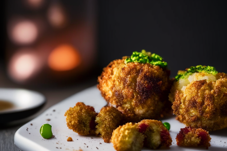 Air Fryer Turkey and Cranberry Croquettes with Oven-Baked Brussels Sprouts filling most of the frame, focused on the croquettes and sprouts with bright, clear studio lighting and razor-sharp focus on every part of the dish