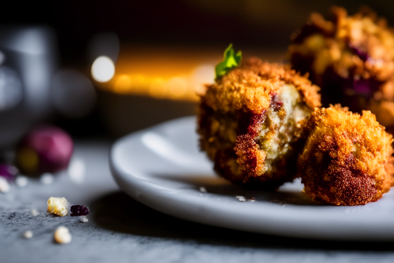 Side view of Air Fryer Turkey and Cranberry Croquettes with Oven-Baked Brussels Sprouts filling the frame, focused on the croquettes and sprouts with bright, clear studio lighting and perfect focus on every part of the dish so that no part looks blurry or out of focus