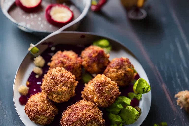 Air Fryer Turkey and Cranberry Croquettes with Oven-Baked Brussels Sprouts from above, focused on the croquettes and sprouts with bright, clear studio lighting and perfect focus on every part of the dish