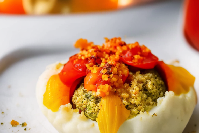 Turkey and Quinoa Stuffed Bell Peppers with Air Fryer Roasted Garlic Mashed Cauliflower filling most of the frame, focused on the stuffed peppers and mashed cauliflower with bright, clear studio lighting and razor-sharp focus on every part of the dish