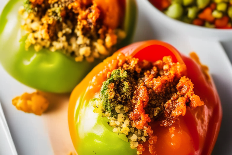 Top view of Turkey and Quinoa Stuffed Bell Peppers with Air Fryer Roasted Garlic Mashed Cauliflower filling the frame, focused on the stuffed peppers and mashed cauliflower with bright, clear studio lighting and perfect focus on every part of the dish so that no part looks blurry or out of focus