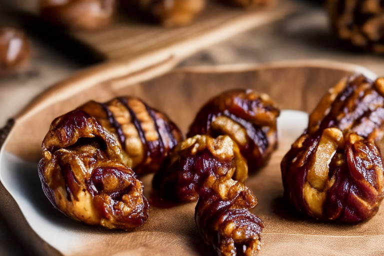 Air Fryer Turkey Bacon Wrapped Stuffed Dates with Oven-Baked Pecan Pie Bars filling most of the frame, focused on the dates and pecan pie bars with bright, clear studio lighting and razor-sharp focus on every part of the dish