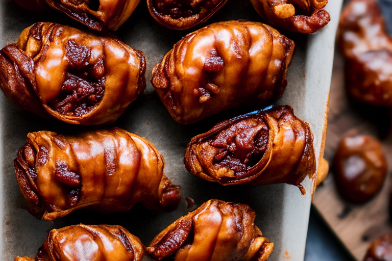 Top view of Air Fryer Turkey Bacon Wrapped Stuffed Dates with Oven-Baked Pecan Pie Bars filling the frame, focused on the dates and pecan pie bars with bright, clear studio lighting and perfect focus on every part of the dish so that no part looks blurry or out of focus