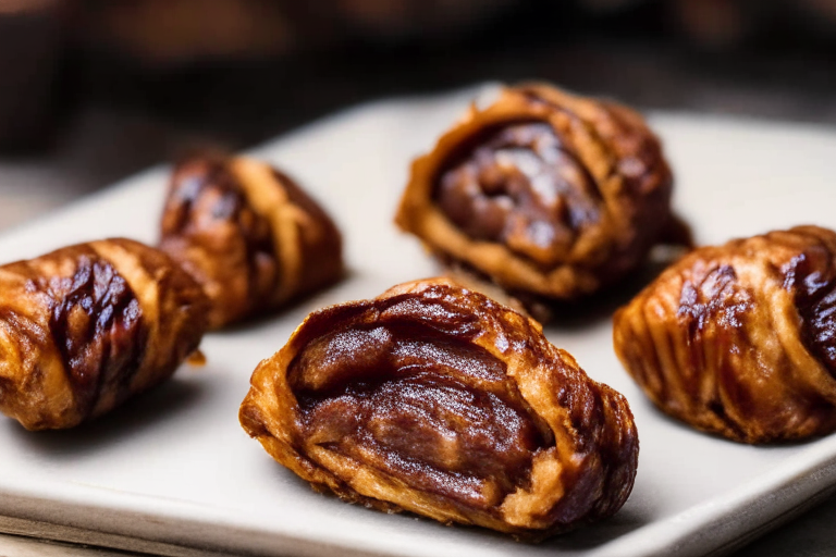 Side view of Air Fryer Turkey Bacon Wrapped Stuffed Dates with Oven-Baked Pecan Pie Bars filling the frame, focused on the dates and pecan pie bars with bright, clear studio lighting and razor-sharp focus on every morsel of food