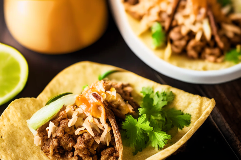 Air Fryer Pork Carnitas Tacos with Oven-Baked Mexican Rice filling most of the frame, focused on the tacos and rice with bright, clear studio lighting and razor-sharp focus on every part of the dish