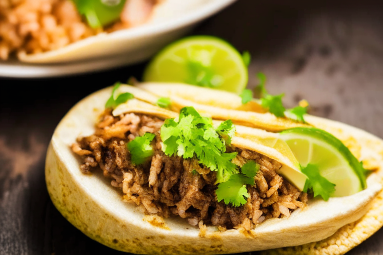 Side view of Air Fryer Pork Carnitas Tacos with Oven-Baked Mexican Rice filling the frame, focused on the tacos and rice with bright, clear studio lighting and razor-sharp focus on every morsel of food