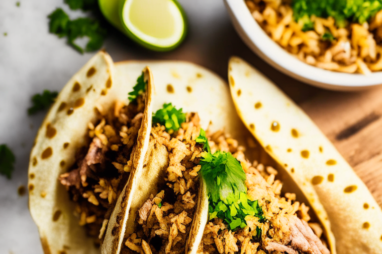 Top view of Air Fryer Pork Carnitas Tacos with Oven-Baked Mexican Rice filling the frame, focused on the tacos and rice with bright, clear studio lighting and perfect focus on every part of the dish so that no part looks blurry or out of focus