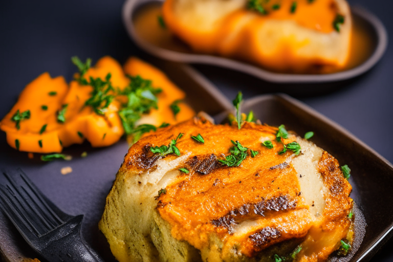 Oven-Baked Rosemary Dijon Pork Chops with Air Fryer Sweet Potato Mash filling most of the frame, focused on the pork chops and mash with bright, clear studio lighting and razor-sharp focus on every part of the dish