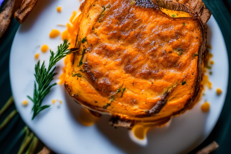 Top view of Oven-Baked Rosemary Dijon Pork Chops with Air Fryer Sweet Potato Mash filling the frame, focused on the pork chops and mash with bright, clear studio lighting and perfect focus on every part of the dish so that no part looks blurry or out of focus