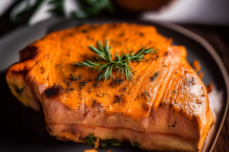 Side view of Oven-Baked Rosemary Dijon Pork Chops with Air Fryer Sweet Potato Mash filling the frame, focused on the pork chops and mash with bright, clear studio lighting and razor-sharp focus on every morsel of food