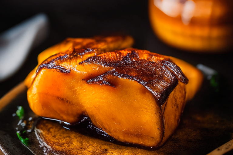 Air Fryer Honey Garlic Pork Belly with Oven-Baked Maple Glazed Acorn Squash filling most of the frame, focused on the pork belly and squash with bright, clear studio lighting and razor-sharp focus on every part of the dish