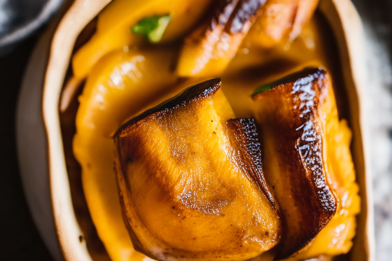 Top view of Air Fryer Honey Garlic Pork Belly with Oven-Baked Maple Glazed Acorn Squash filling the frame, focused on the pork belly and squash with bright, clear studio lighting and perfect focus on every part of the dish so that no part looks blurry or out of focus