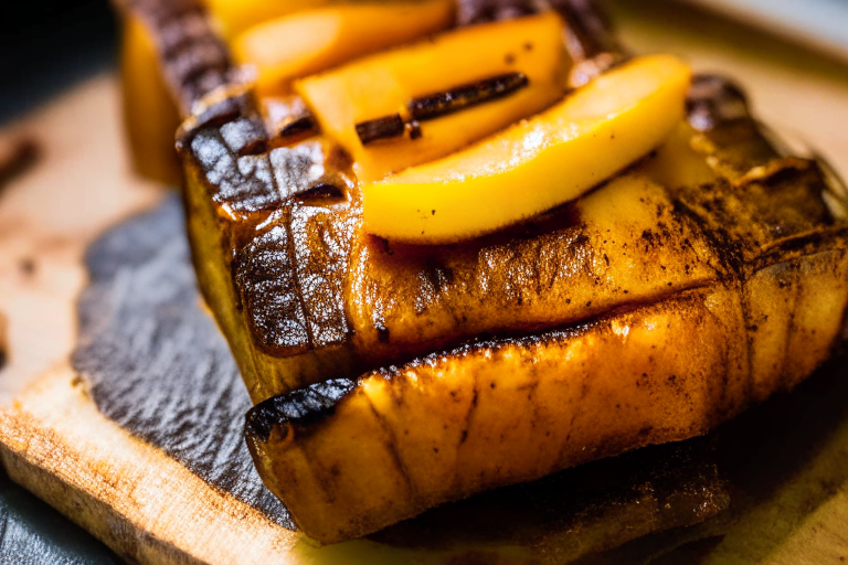 Side view of Air Fryer Honey Garlic Pork Belly with Oven-Baked Maple Glazed Acorn Squash filling the frame, focused on the pork belly and squash with bright, clear studio lighting and razor-sharp focus on every morsel of food