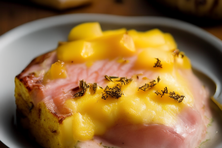 Oven-Baked Pineapple-Glazed Ham Steaks with Air Fryer Cheesy Scalloped Potatoes filling most of the frame, focused on the ham and potatoes with bright, clear studio lighting and razor-sharp focus on every part of the dish