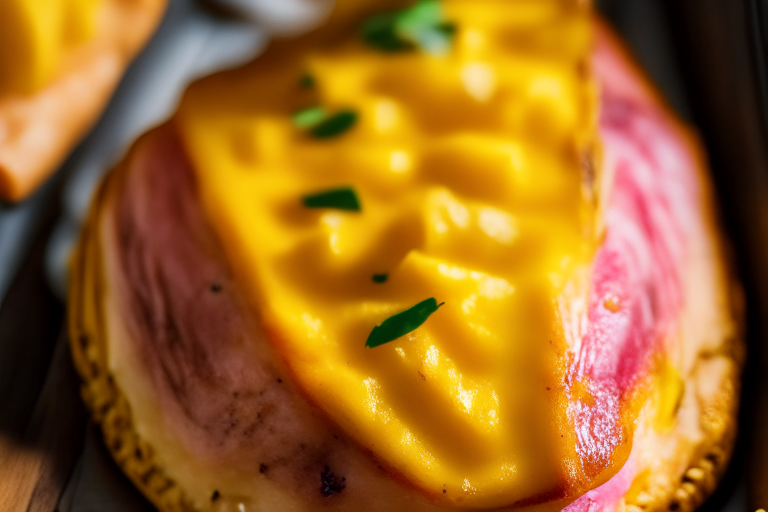 Top view of Oven-Baked Pineapple-Glazed Ham Steaks with Air Fryer Cheesy Scalloped Potatoes filling the frame, focused on the ham and potatoes with bright, clear studio lighting and perfect focus so that no part looks blurry or out of focus