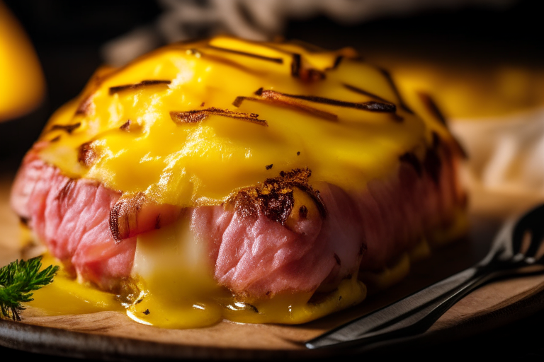 Oven-Baked Pineapple-Glazed Ham Steaks with Air Fryer Cheesy Scalloped Potatoes, focused on the cheesy potatoes with a shallow depth of field and bright, directional studio lighting from the left