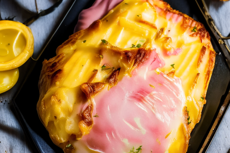 Oven-Baked Pineapple-Glazed Ham Steaks with Air Fryer Cheesy Scalloped Potatoes, zoomed out wide shot showing the entire dish with soft, diffused studio lighting from above