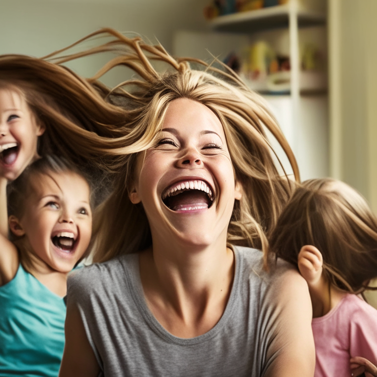 A smiling mother pulling her hair out with her children in the background  of their home