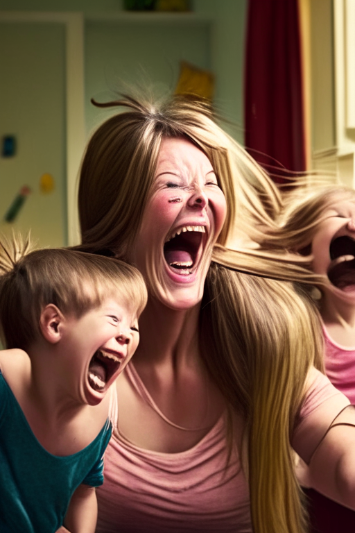 A smiling mother pulling her hair out with her children in the background  of their home