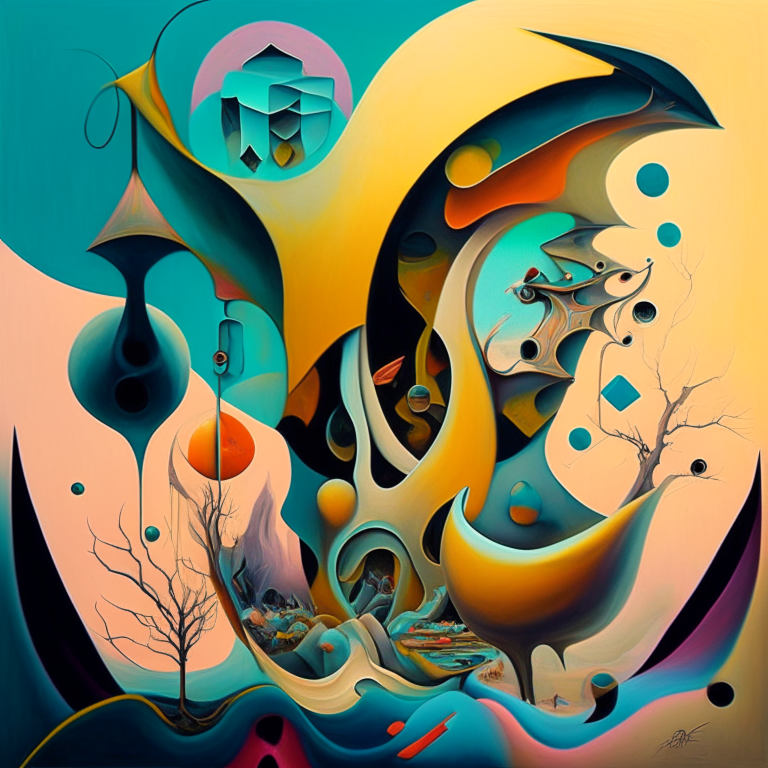 a surreal abstract painting with organic shapes, unusual juxtapositions and dreamlike quality