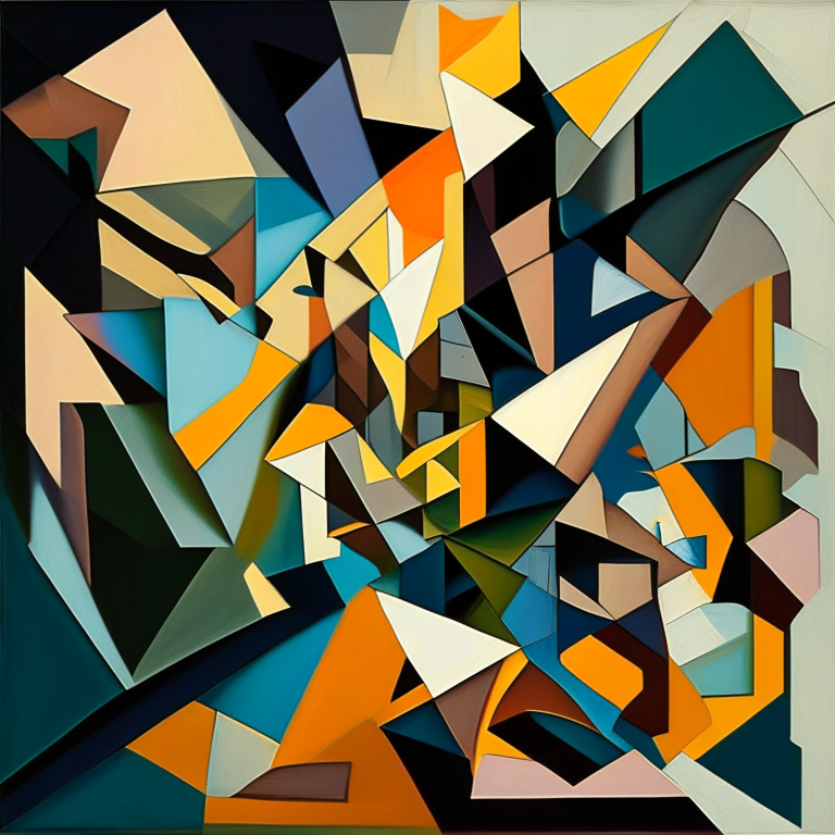 a cubist abstract painting with fragmented geometric shapes, multiple perspectives and flat surfaces