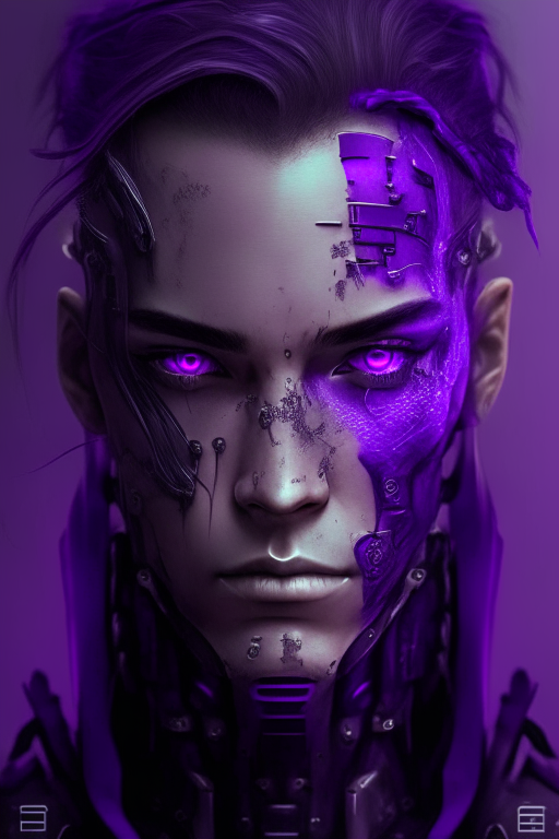 Cyberpunk purple cyborg human, full face, half human, half ai. Cyberpunk purple cyborg human, full face, half human, half ai