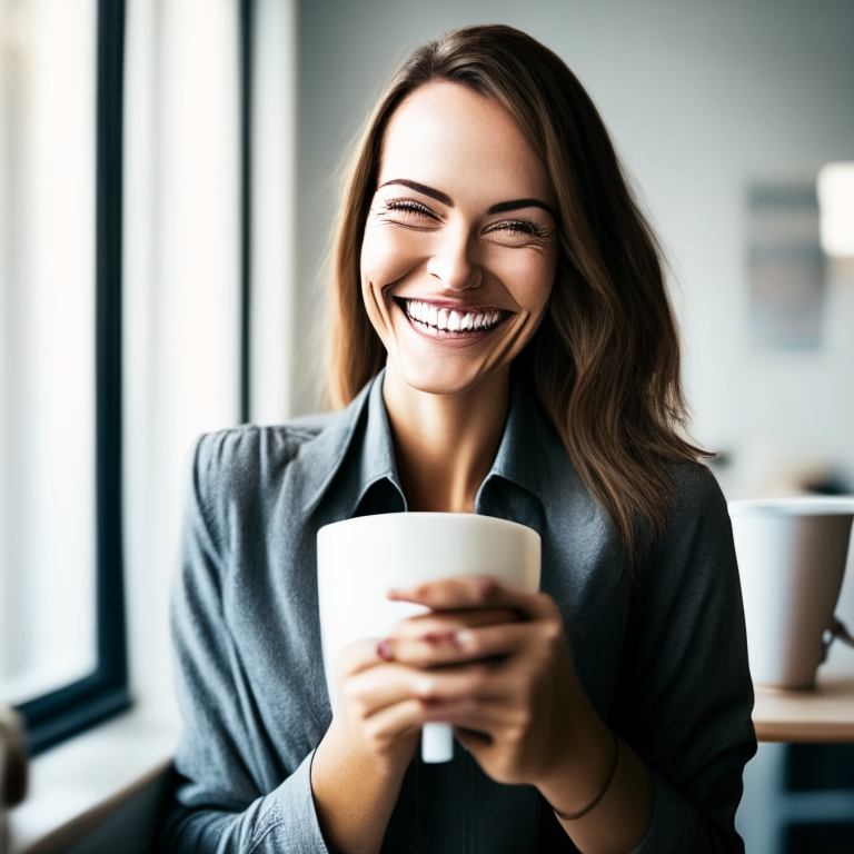 a woman smiling while holding a cup of coffee in an office