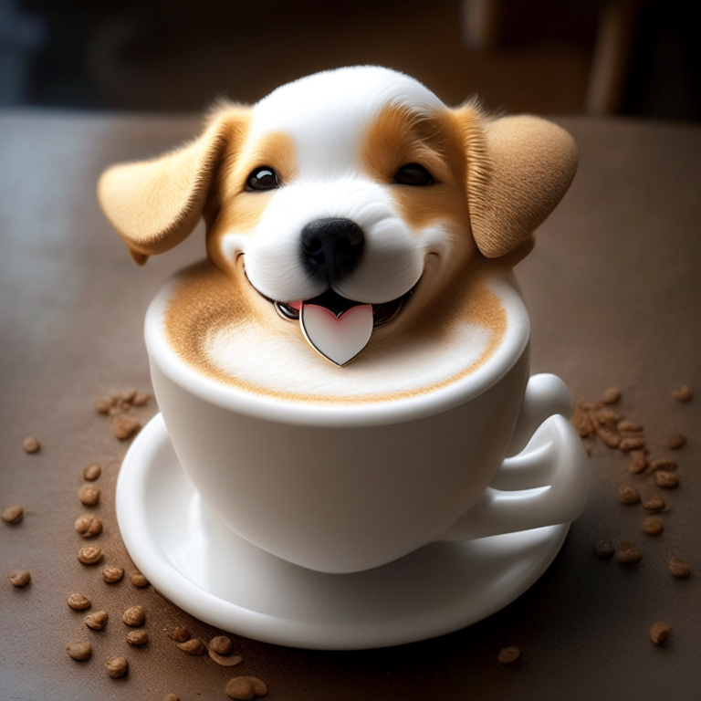 a happy puppy drinking a latte with heart-shaped foam art