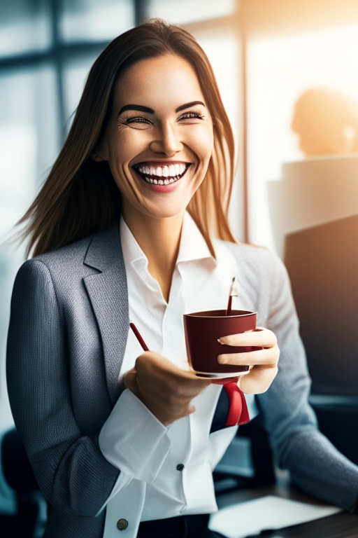 PROFESSIONAL FEMALE SMILING WITH A HANGER IN HER MOUTH WHILE HOLDING A CUP OF COFFEE IN A WORK OFFICE ATMOSPHERE