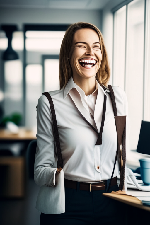 PROFESSIONAL FEMALE SMILING WITH A CLOTHING HANGER INSIDE HER MOUTH WHILE HOLDING A CUP OF COFFEE IN A WORK OFFICE ATMOSPHERE