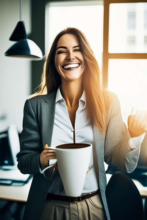 PROFESSIONAL FEMALE SMILING WITH A CLOTHING HANGER INSIDE HER MOUTH WHILE HOLDING A CUP OF COFFEE IN A WORK OFFICE ATMOSPHERE