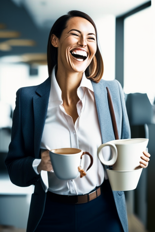 female business women smiling with a coat hanger in her mouth while holding a bucket of coffee in an office environment
