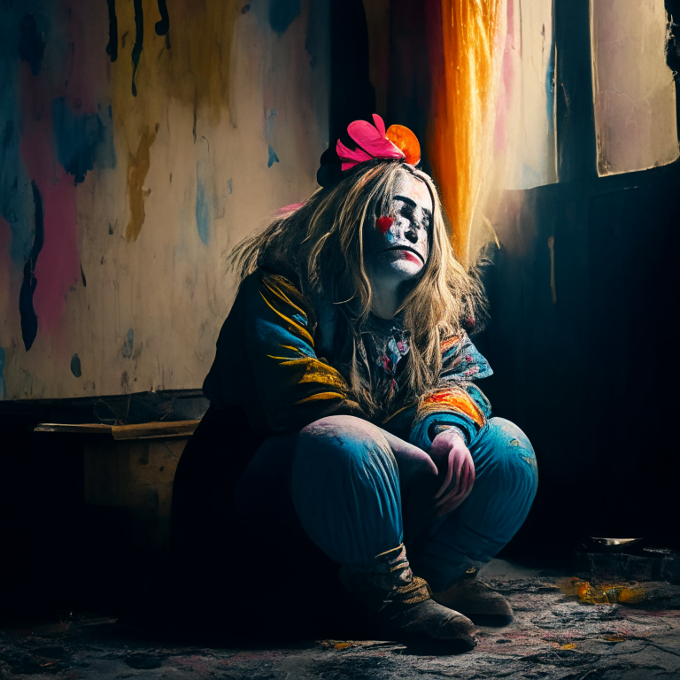 a crying female clown from the 1800s sitting in an old cluttered room, Hieronumous Bosch digital art style, perfect composition, beautifully detailed intricate insanely detailed octane render trending on Artstation, 8k artistic photography, photorealistic concept art, soft natural volumetric cinematic perfect light, chiaroscuro, award-winning photograph, oil on canvas masterpiece, Raphael, Caravaggio, Greg Rutkowski, Beeple, Beksinski
