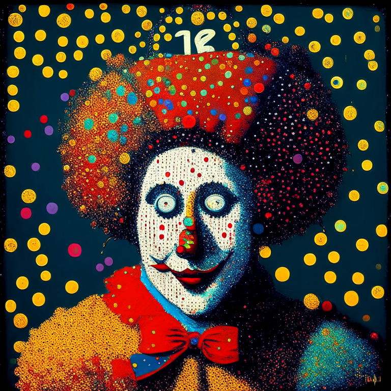 a painting of a clown with a clock on his head, pointillism style