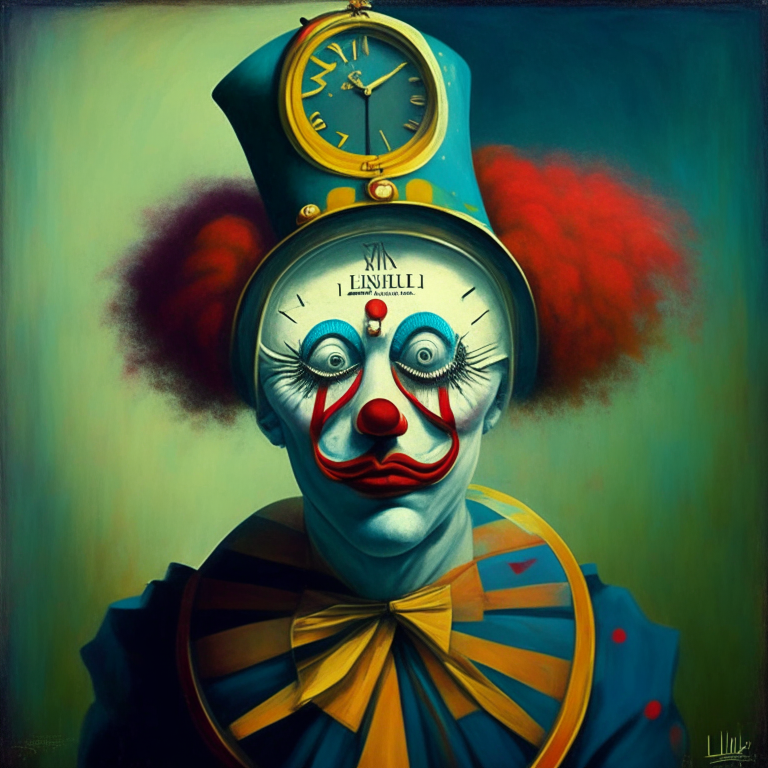 a painting of a clown with a clock on his head, surrealism style