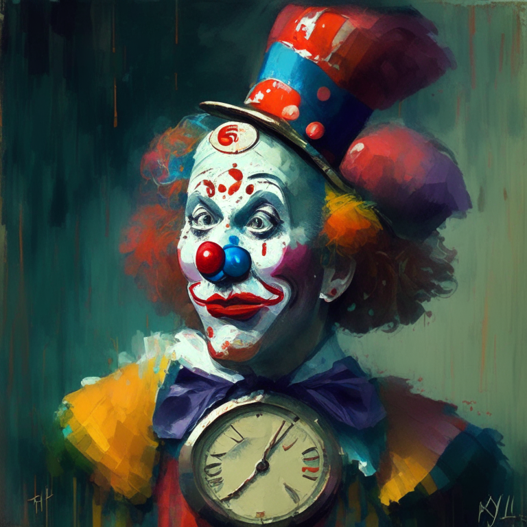 a painting of a clown with a clock on his head, impressionism style