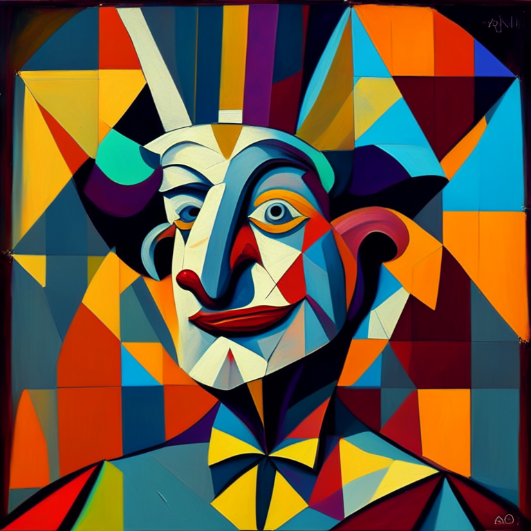 a painting of a clown with a clock on his head, cubist style