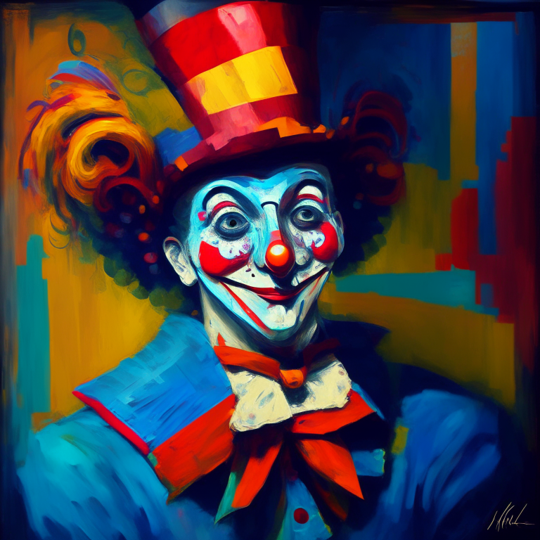 a painting of a clown with a clock on his head, impressionism style, ultra high definition, 8k