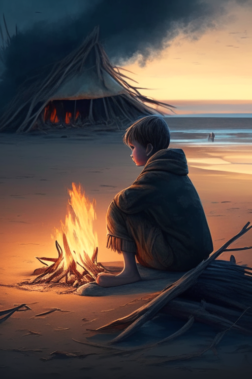 A silent boy sitting in beach with beautiful nature, view, with fire camp alone